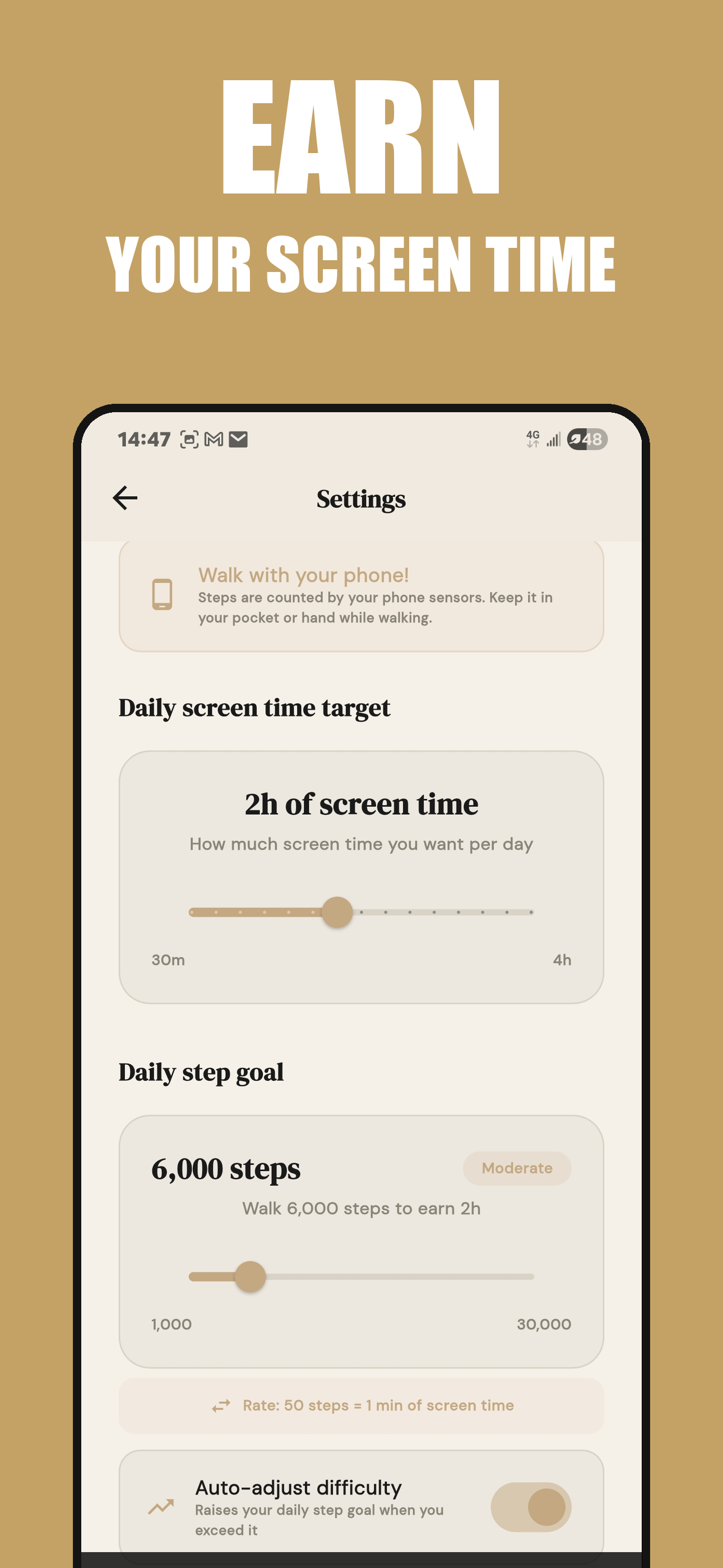Settings showing step goal and screen time target